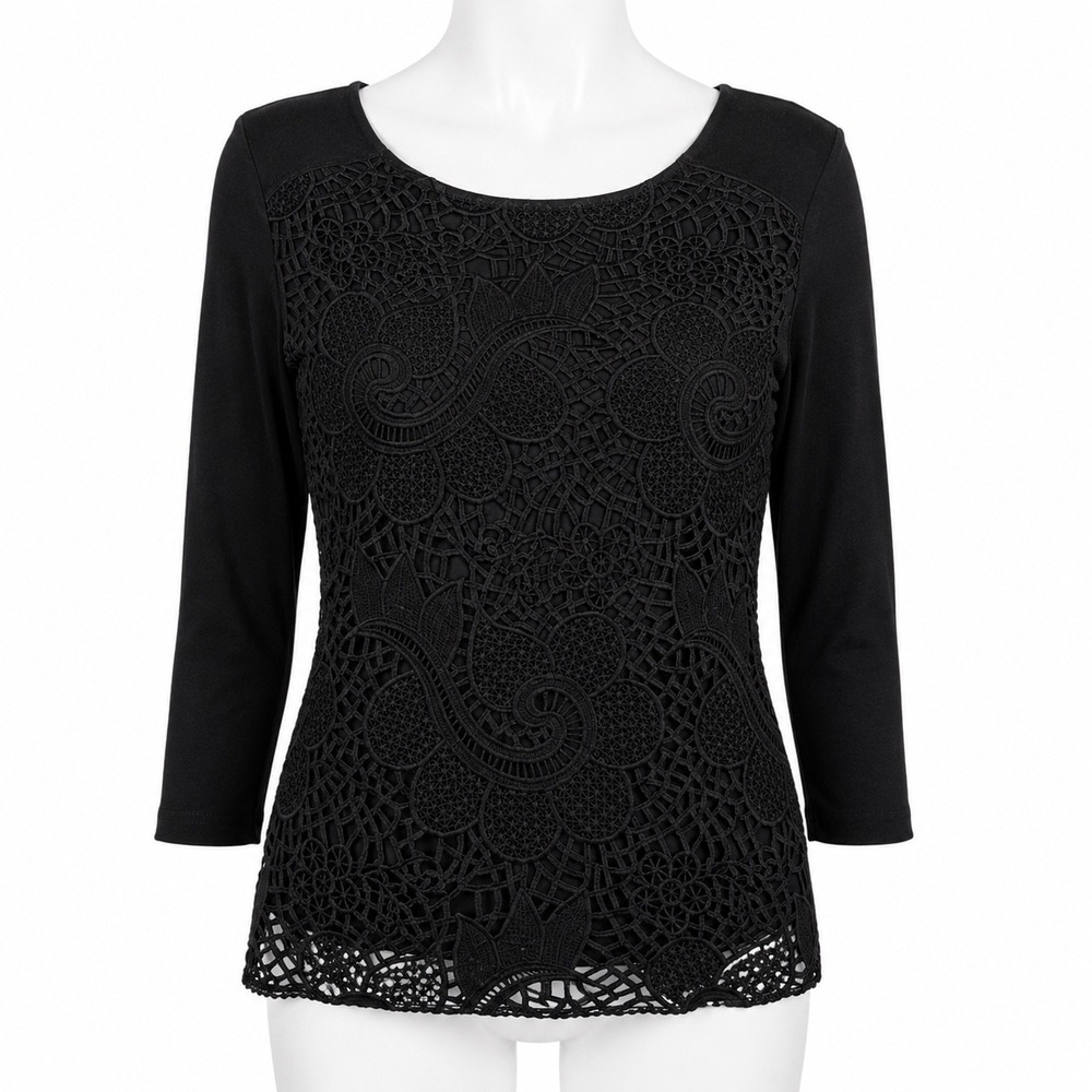 Ann Taylor Linen Crochet Lace Top Black 3/4 Sleeve Womens Small S Elegant Shirt